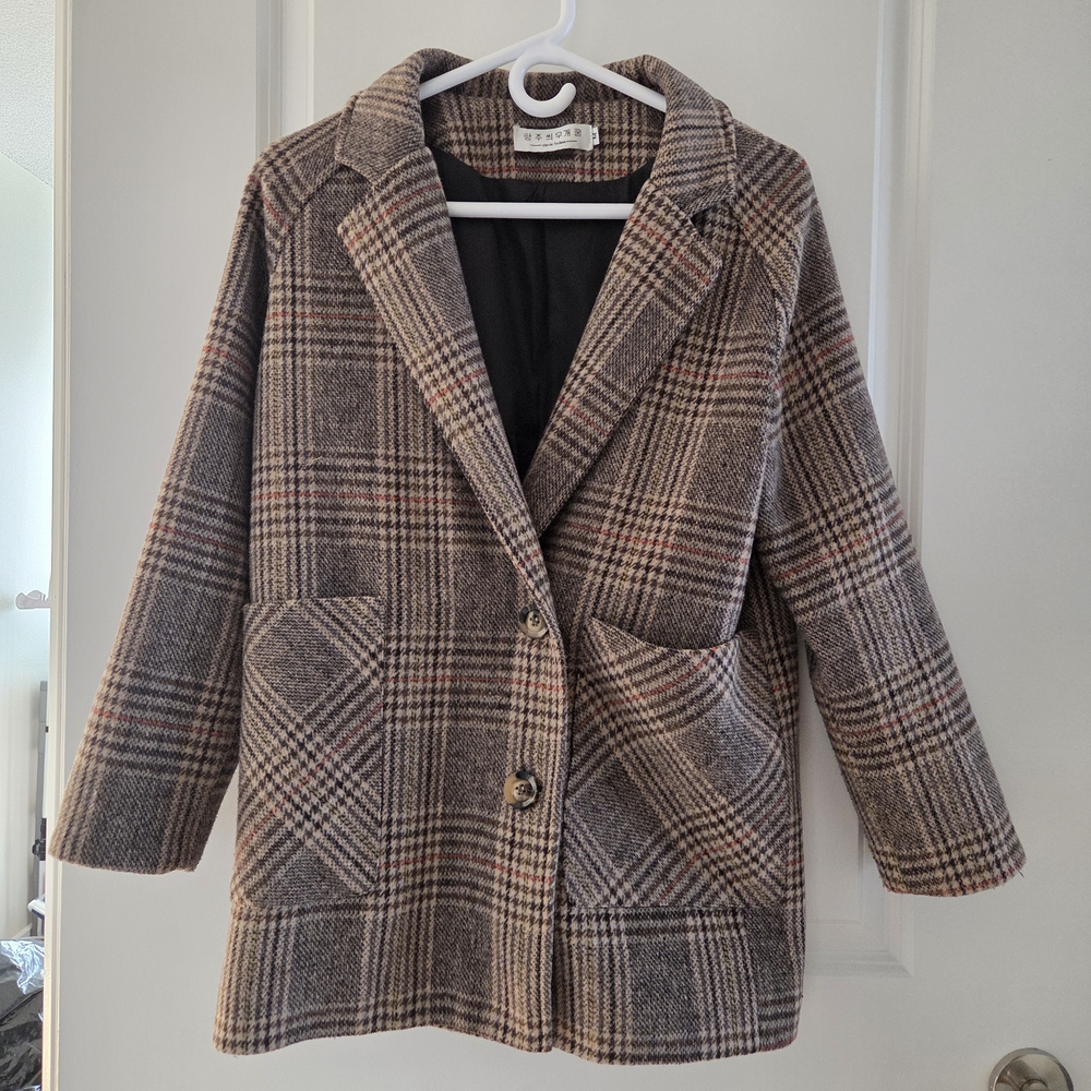 Brown Plaid Wool-Blend Pea Coat